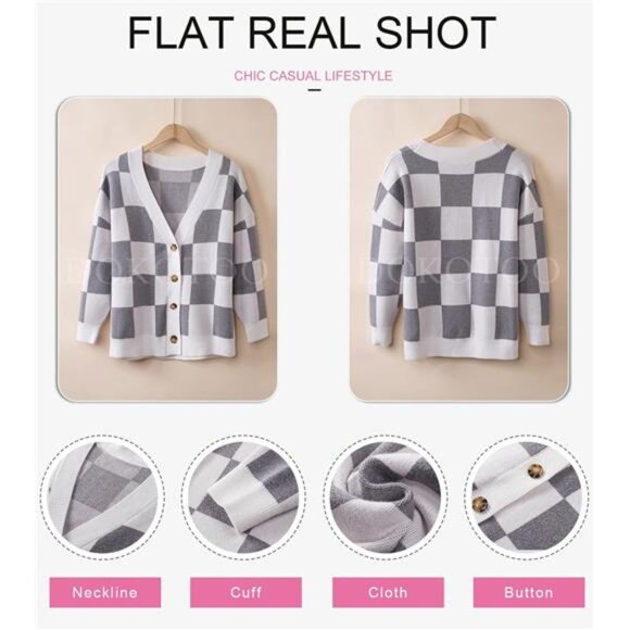 NEW Womens Plaid V Neck Button Down Long Sleeve Cable Knit Oversized Cardigan - Picture 5 of 6